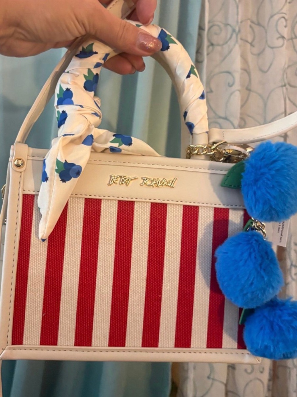 Betsey Johnson Red & White Striped Satchel with Blue Pom-Pom Charm